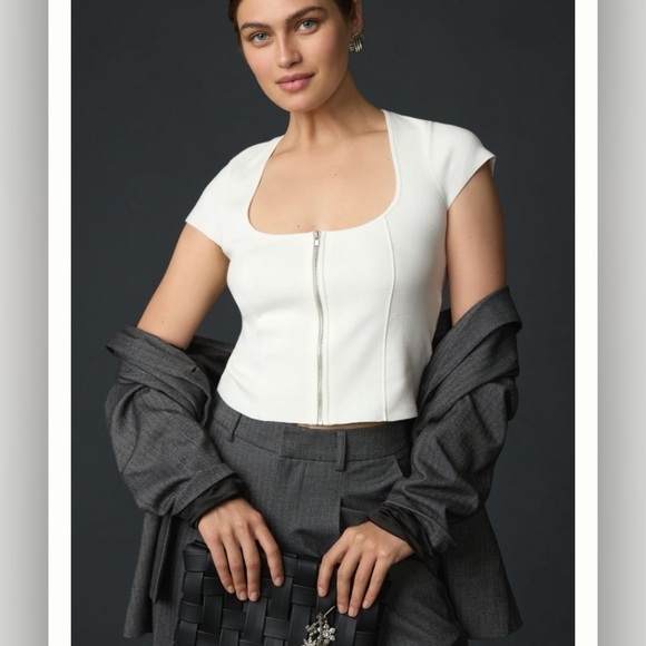 Size XL NWT Anthropologie women’s Maeve Short-Sleeve Zip Front white Sweater - Picture 1 of 5